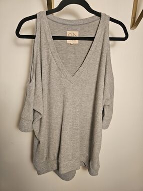 Chaser Light Gray V-Neck Cold Shoulder Sweater